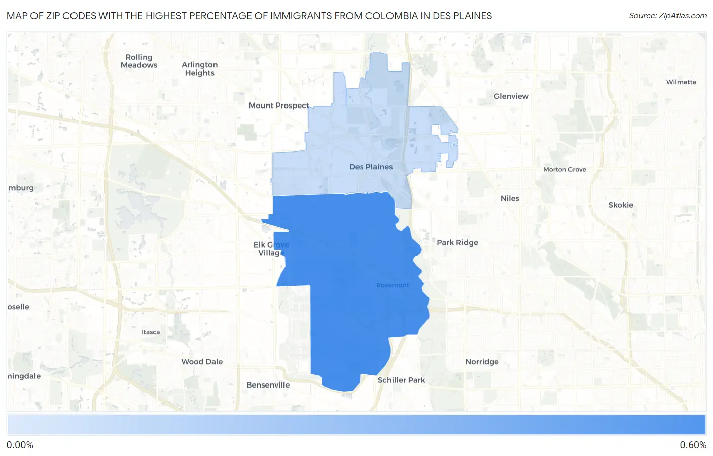 Zip Codes with the Highest Percentage of Immigrants from Colombia in Des Plaines Map