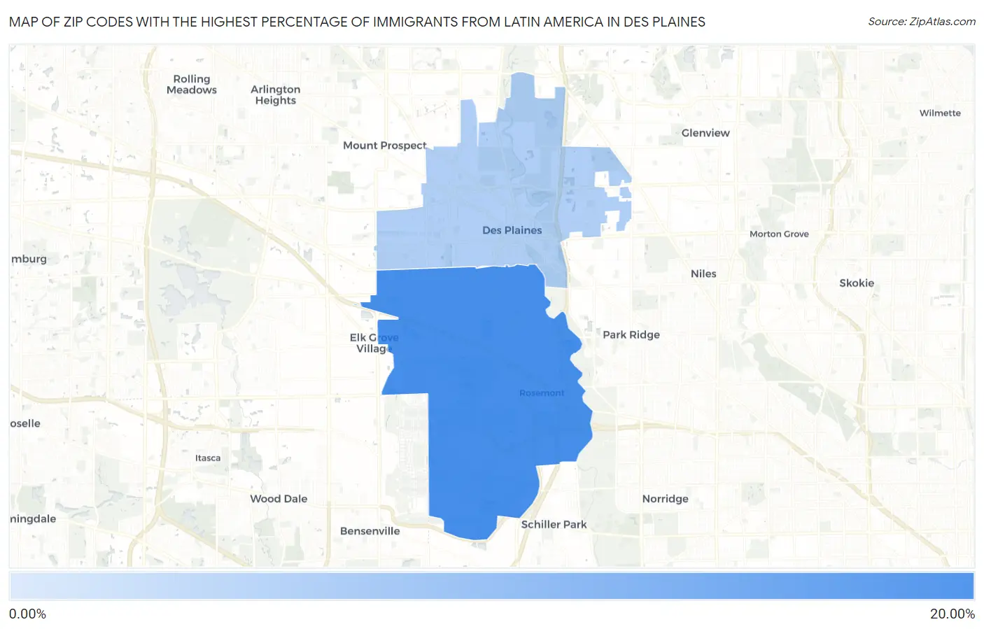 Zip Codes with the Highest Percentage of Immigrants from Latin America in Des Plaines Map