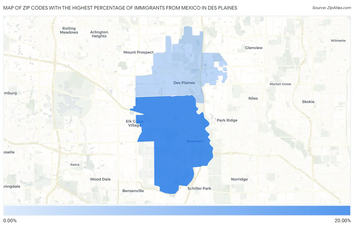 Zip Codes with the Highest Percentage of Immigrants from Mexico in Des Plaines Map