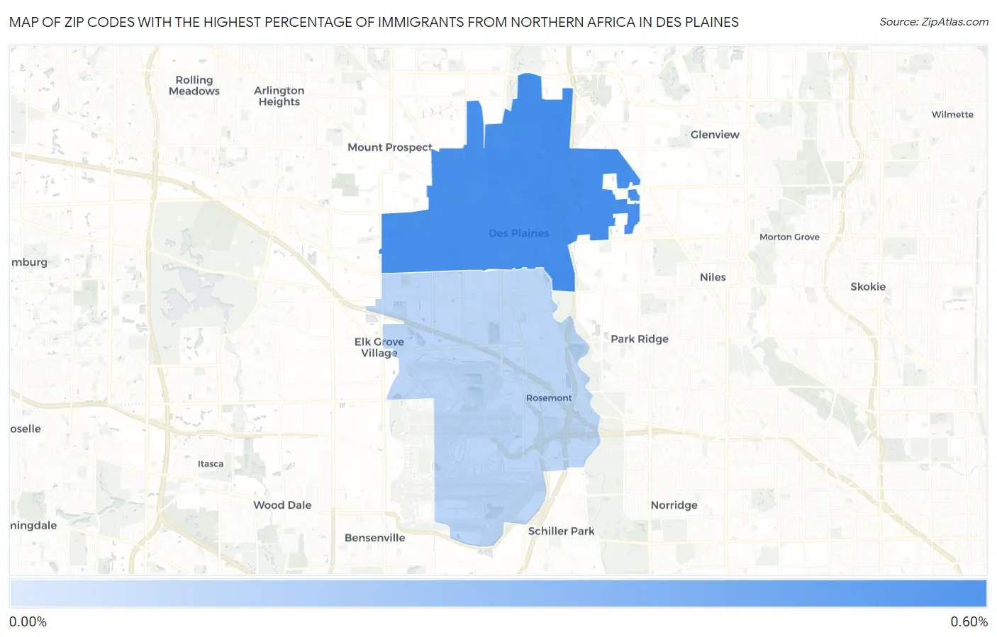 Zip Codes with the Highest Percentage of Immigrants from Northern Africa in Des Plaines Map
