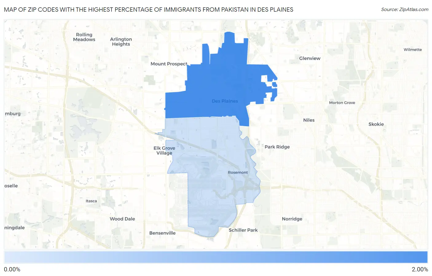 Zip Codes with the Highest Percentage of Immigrants from Pakistan in Des Plaines Map
