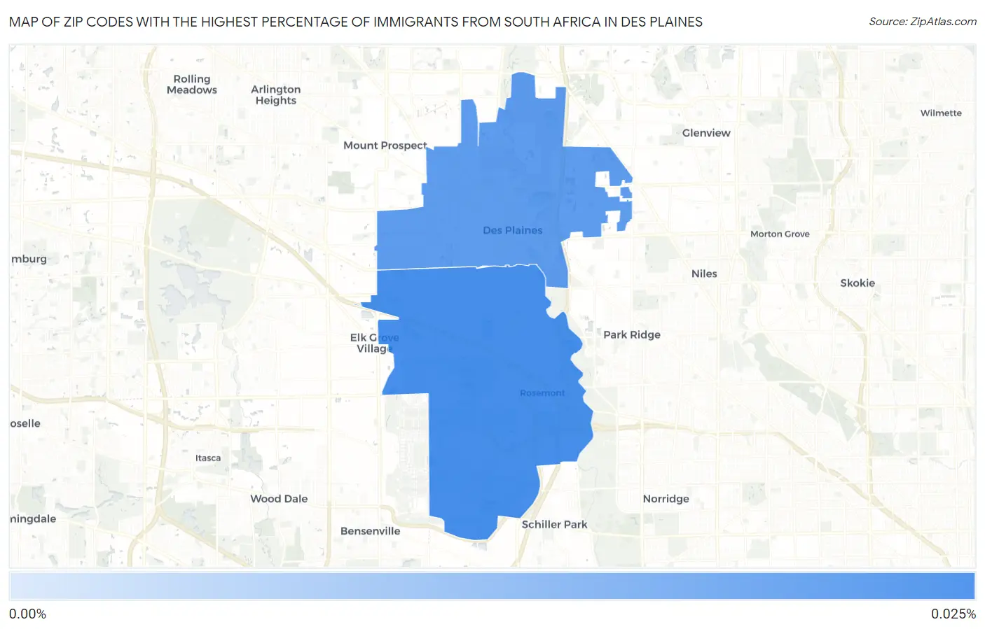 Zip Codes with the Highest Percentage of Immigrants from South Africa in Des Plaines Map