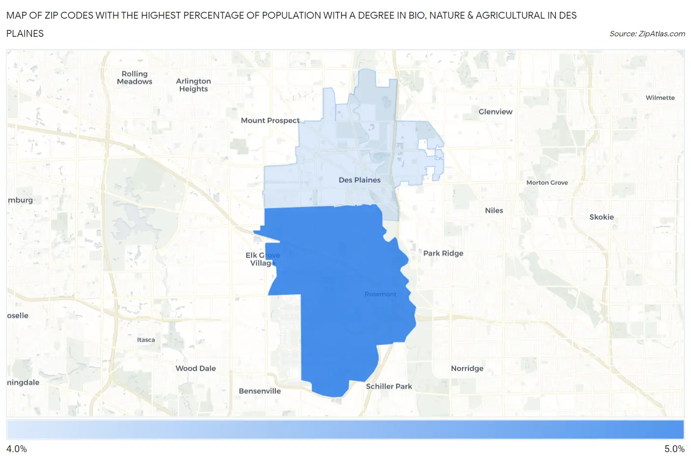 Zip Codes with the Highest Percentage of Population with a Degree in Bio, Nature & Agricultural in Des Plaines Map