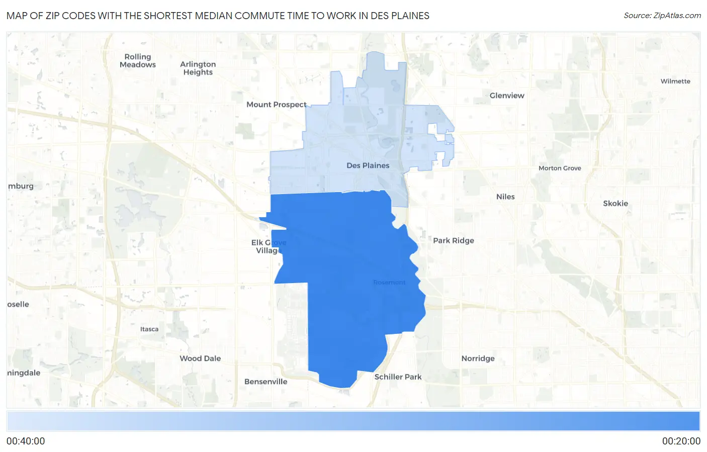 Zip Codes with the Shortest Median Commute Time to Work in Des Plaines Map
