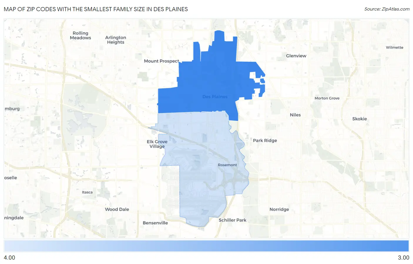 Zip Codes with the Smallest Family Size in Des Plaines Map