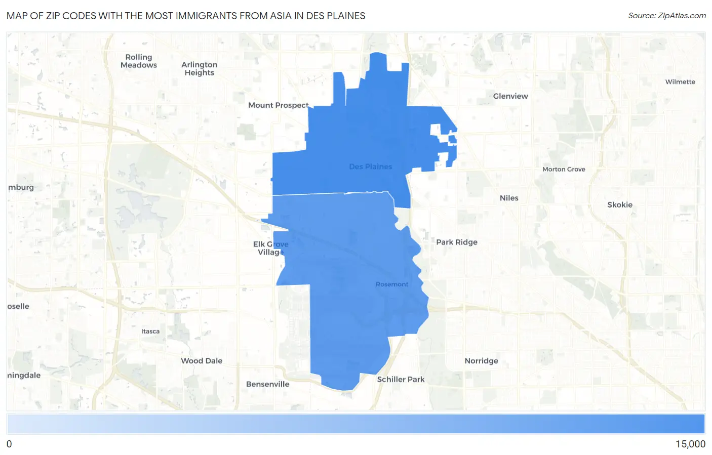 Zip Codes with the Most Immigrants from Asia in Des Plaines Map