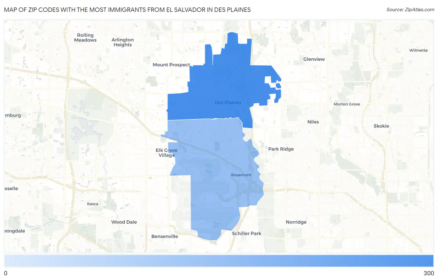 Zip Codes with the Most Immigrants from El Salvador in Des Plaines Map