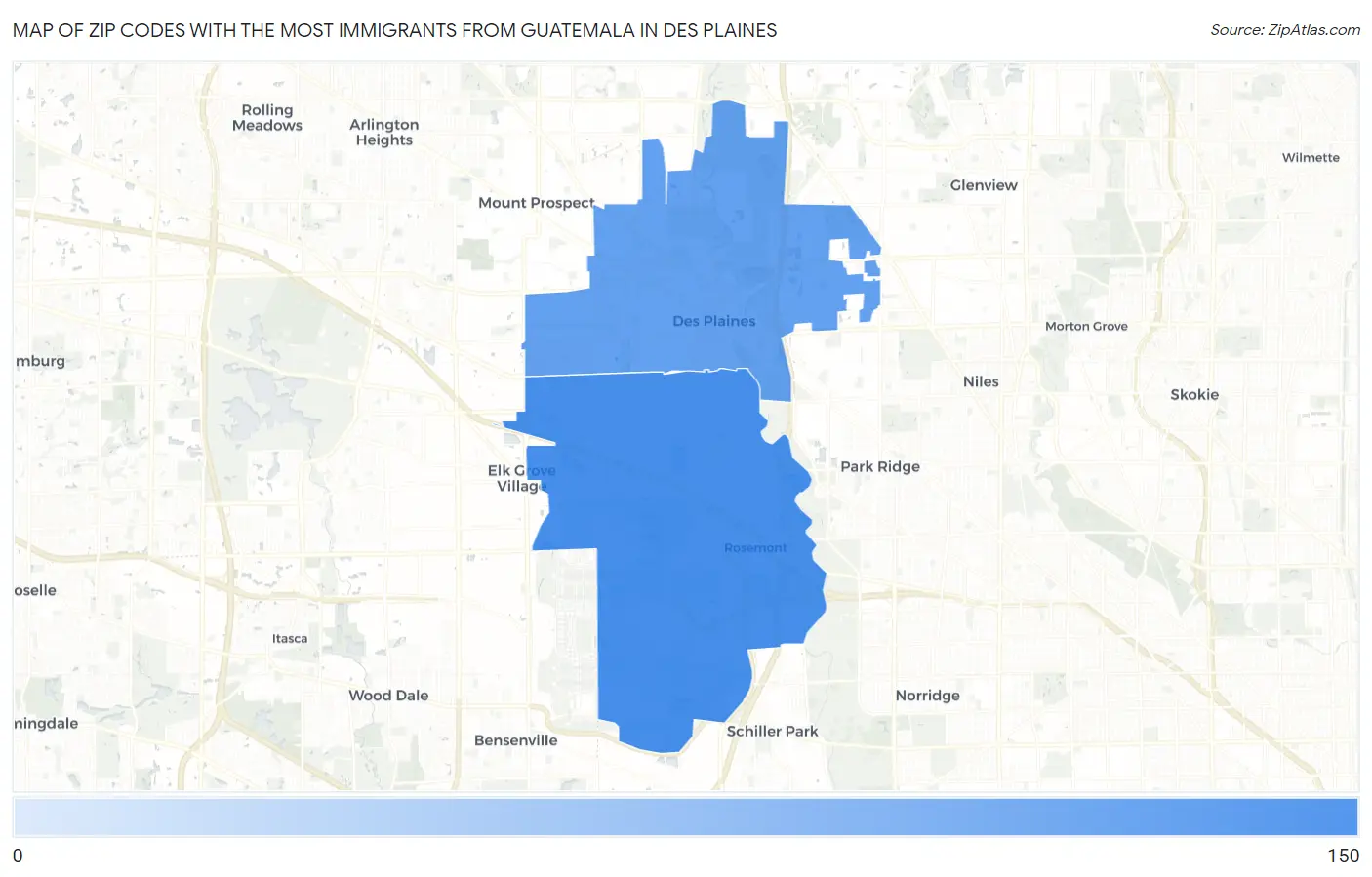 Zip Codes with the Most Immigrants from Guatemala in Des Plaines Map