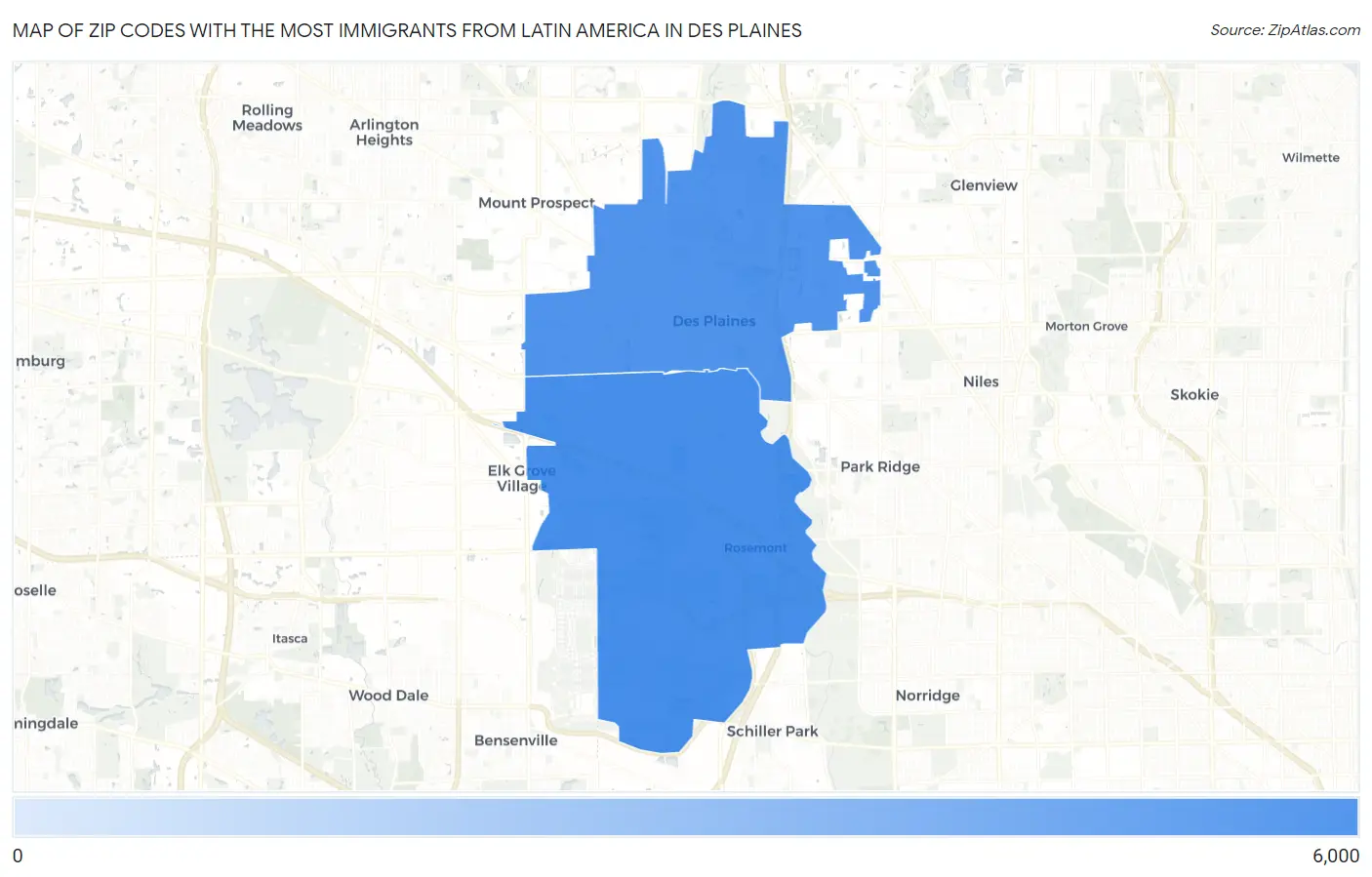 Zip Codes with the Most Immigrants from Latin America in Des Plaines Map