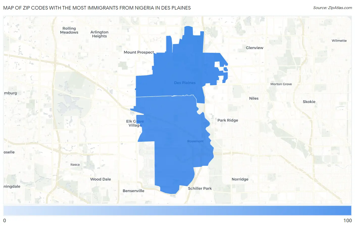 Zip Codes with the Most Immigrants from Nigeria in Des Plaines Map