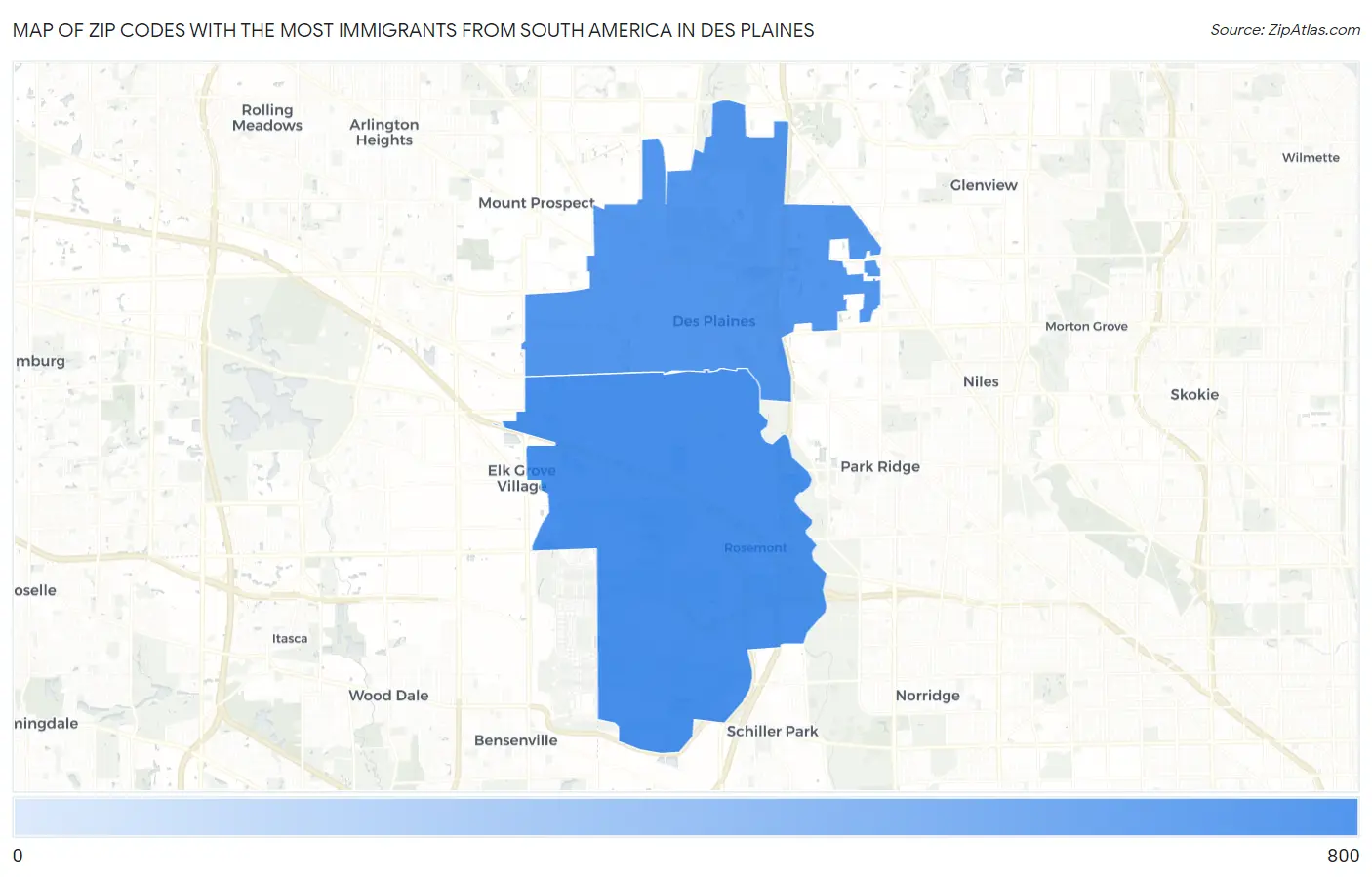 Zip Codes with the Most Immigrants from South America in Des Plaines Map