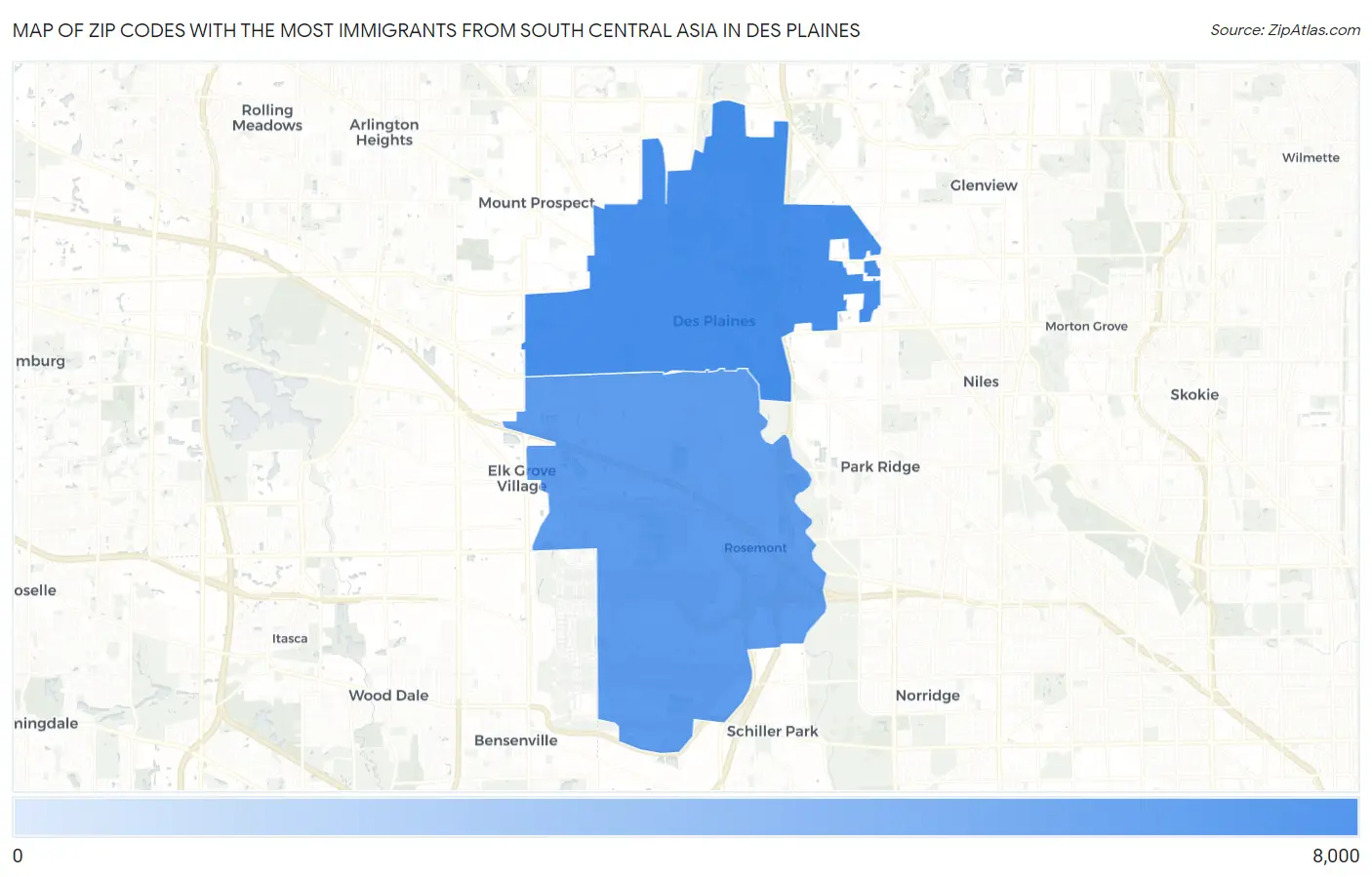 Zip Codes with the Most Immigrants from South Central Asia in Des Plaines Map