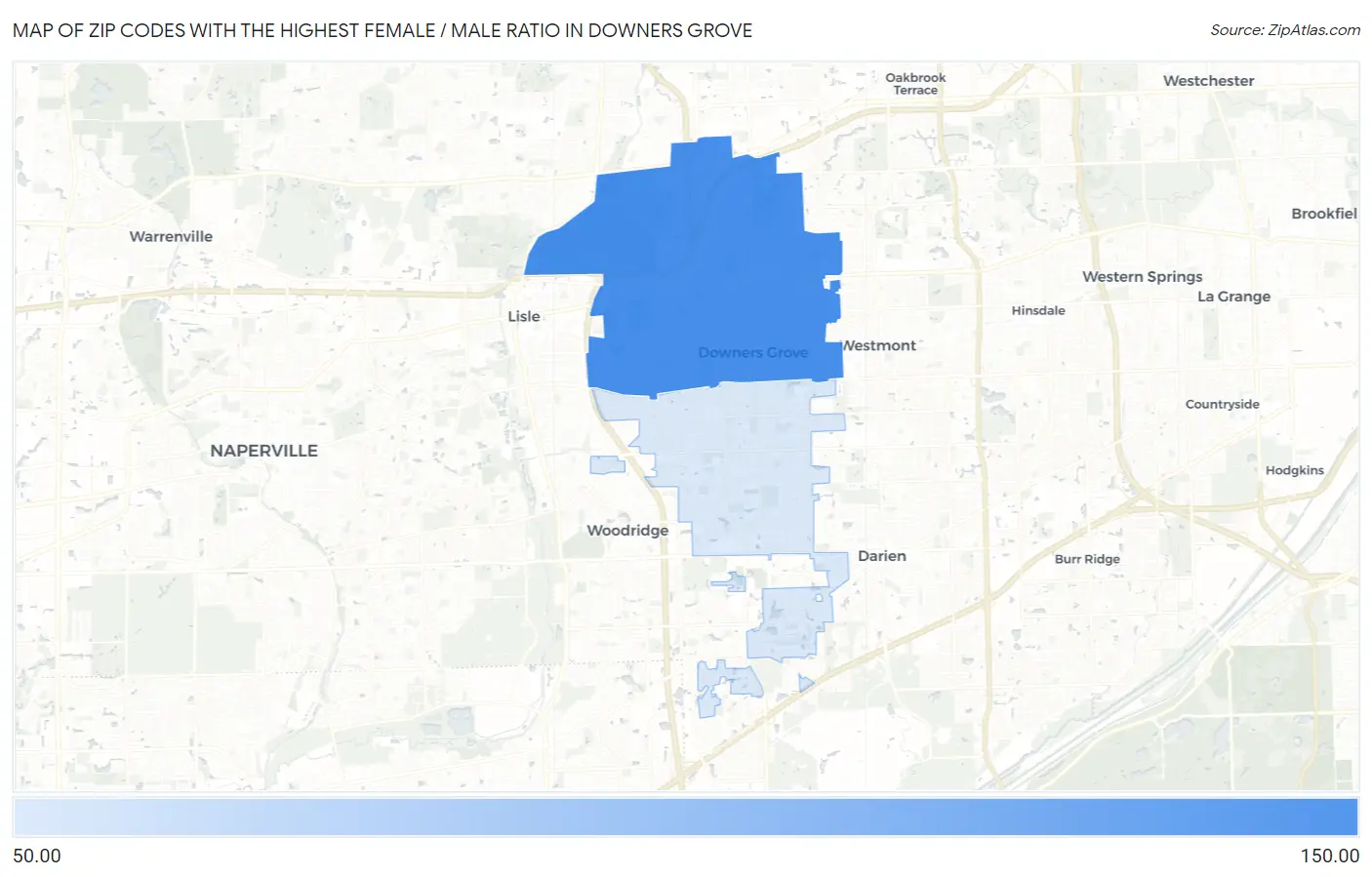 Zip Codes with the Highest Female / Male Ratio in Downers Grove Map