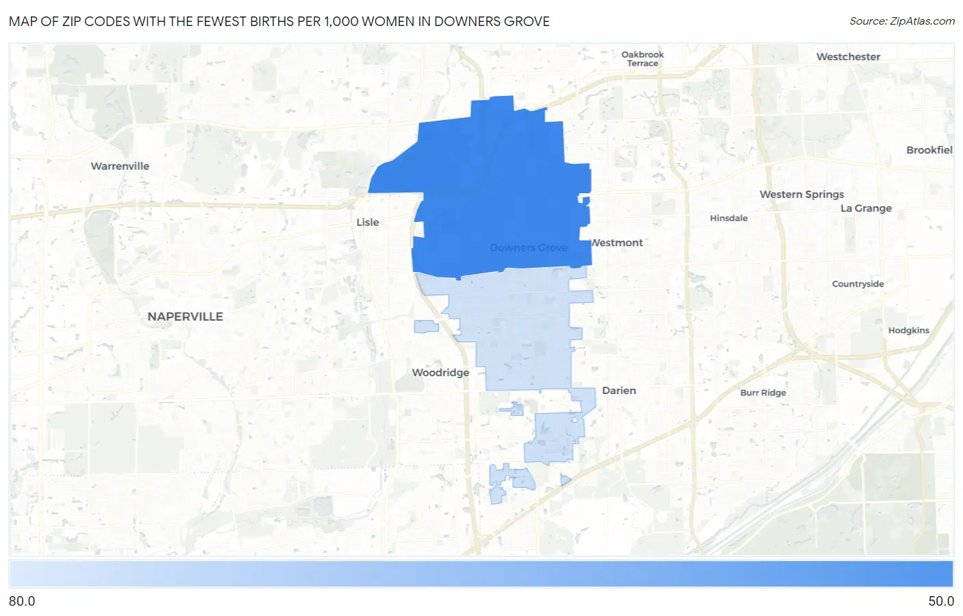 Zip Codes with the Fewest Births per 1,000 Women in Downers Grove Map
