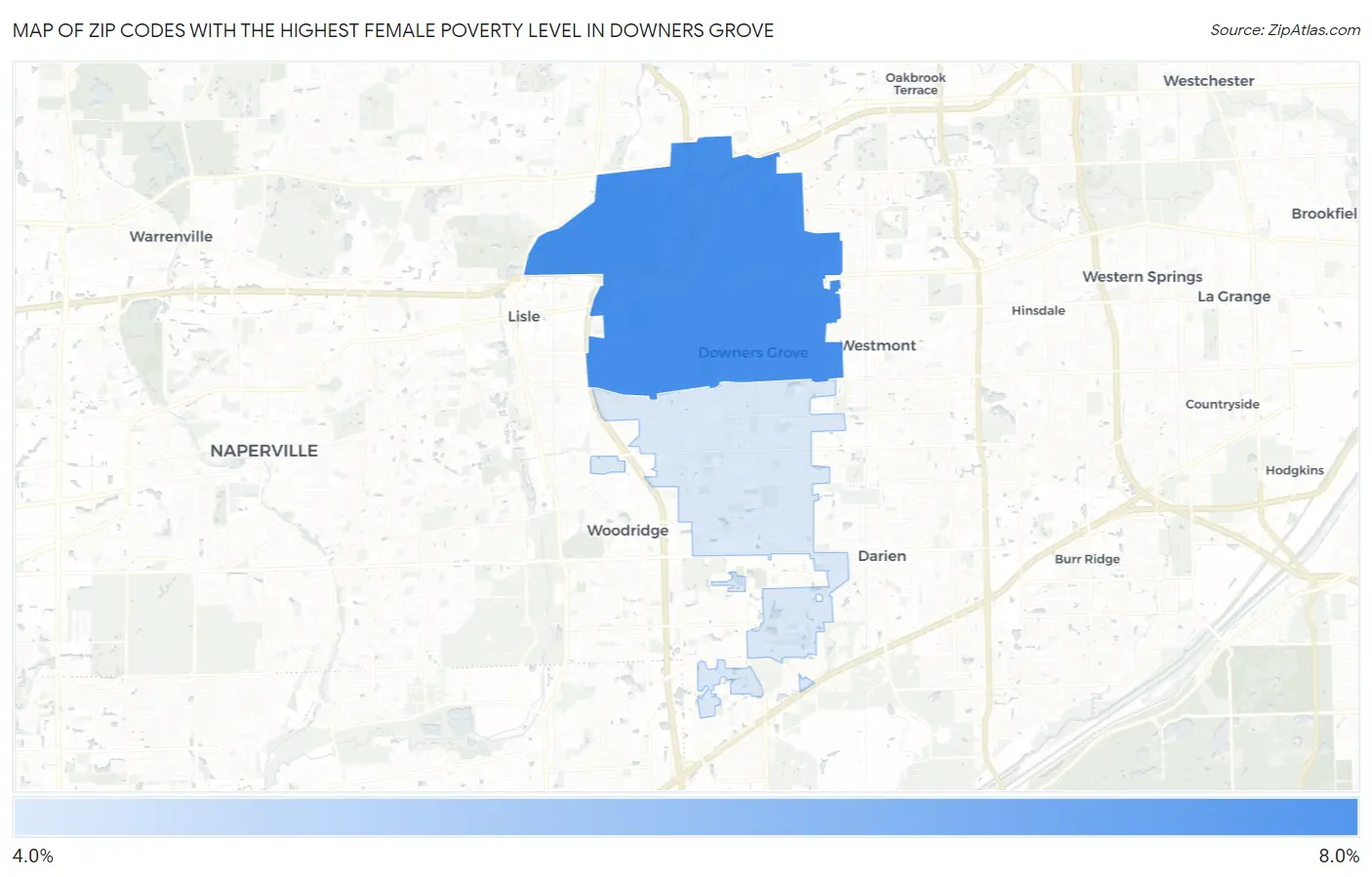 Zip Codes with the Highest Female Poverty Level in Downers Grove Map