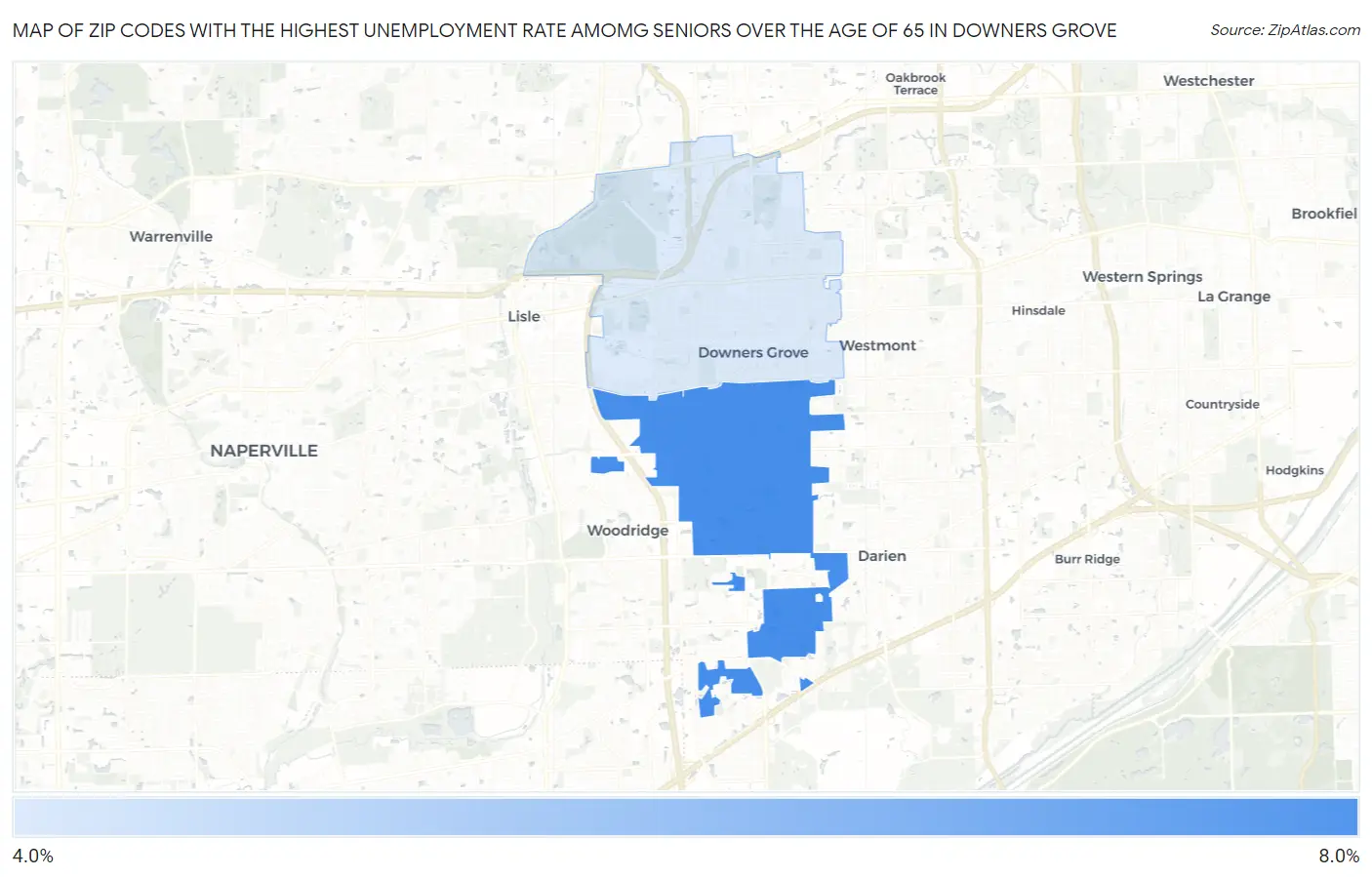 Zip Codes with the Highest Unemployment Rate Amomg Seniors Over the Age of 65 in Downers Grove Map