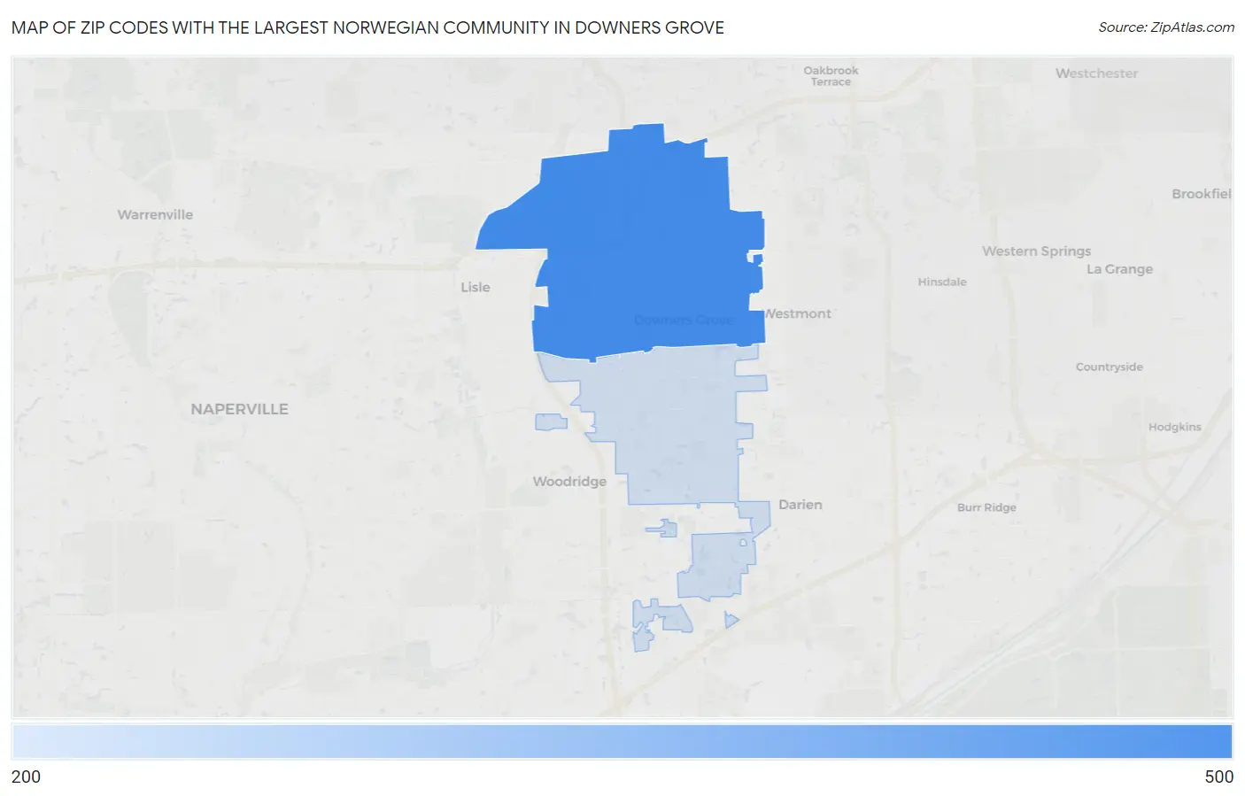 Zip Codes with the Largest Norwegian Community in Downers Grove Map