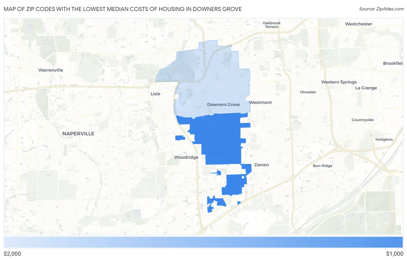 Zip Codes with the Lowest Median Costs of Housing in Downers Grove Map