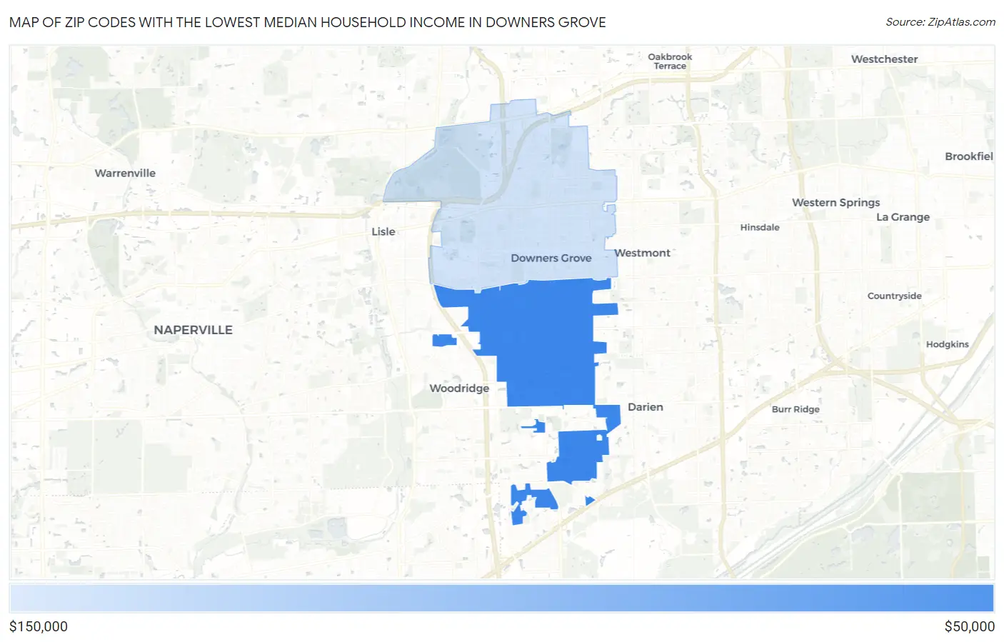 Zip Codes with the Lowest Median Household Income in Downers Grove Map