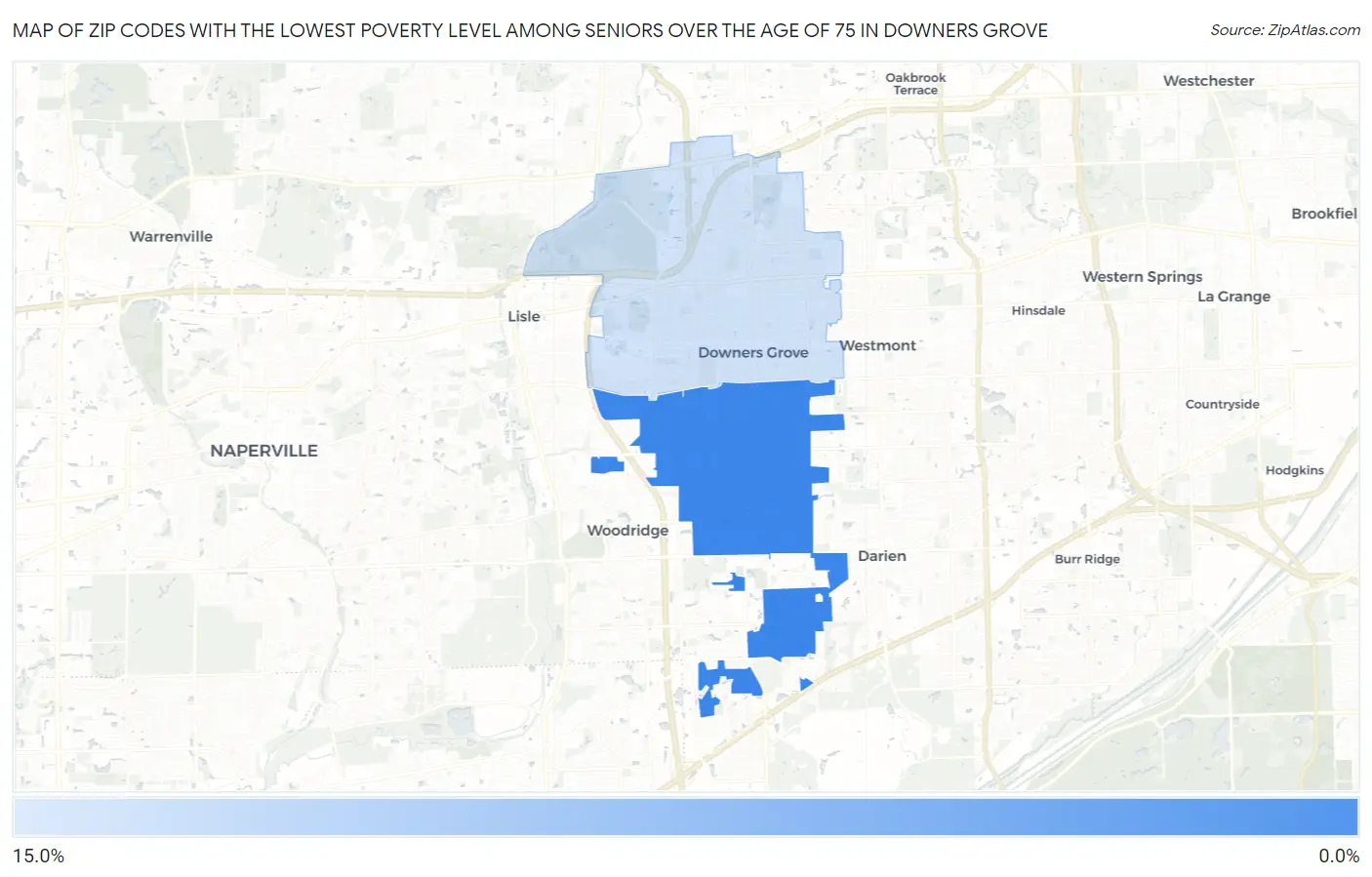 Zip Codes with the Lowest Poverty Level Among Seniors Over the Age of 75 in Downers Grove Map