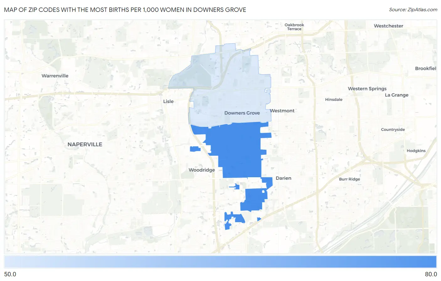 Zip Codes with the Most Births per 1,000 Women in Downers Grove Map
