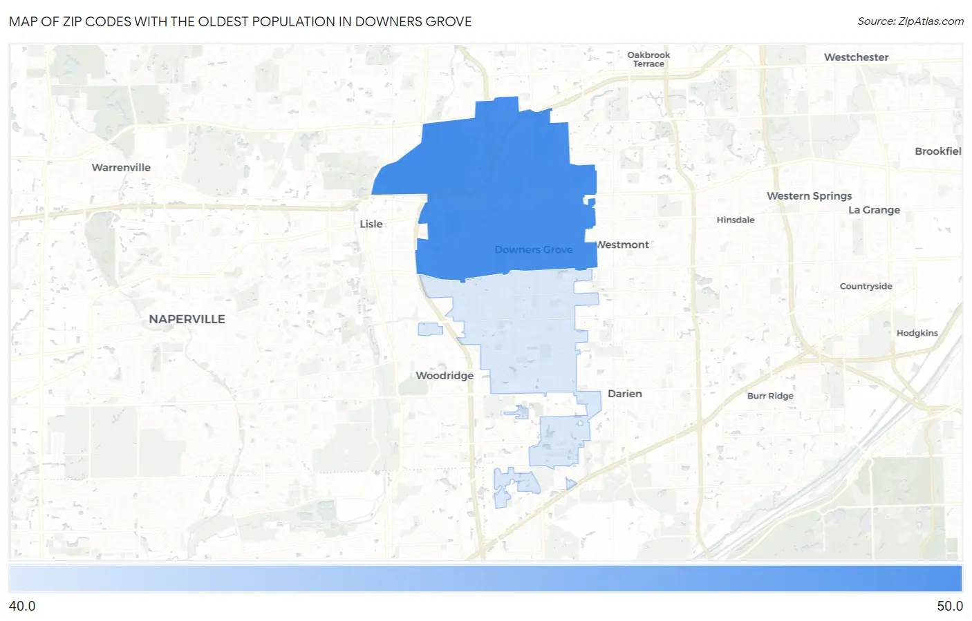Zip Codes with the Oldest Population in Downers Grove Map