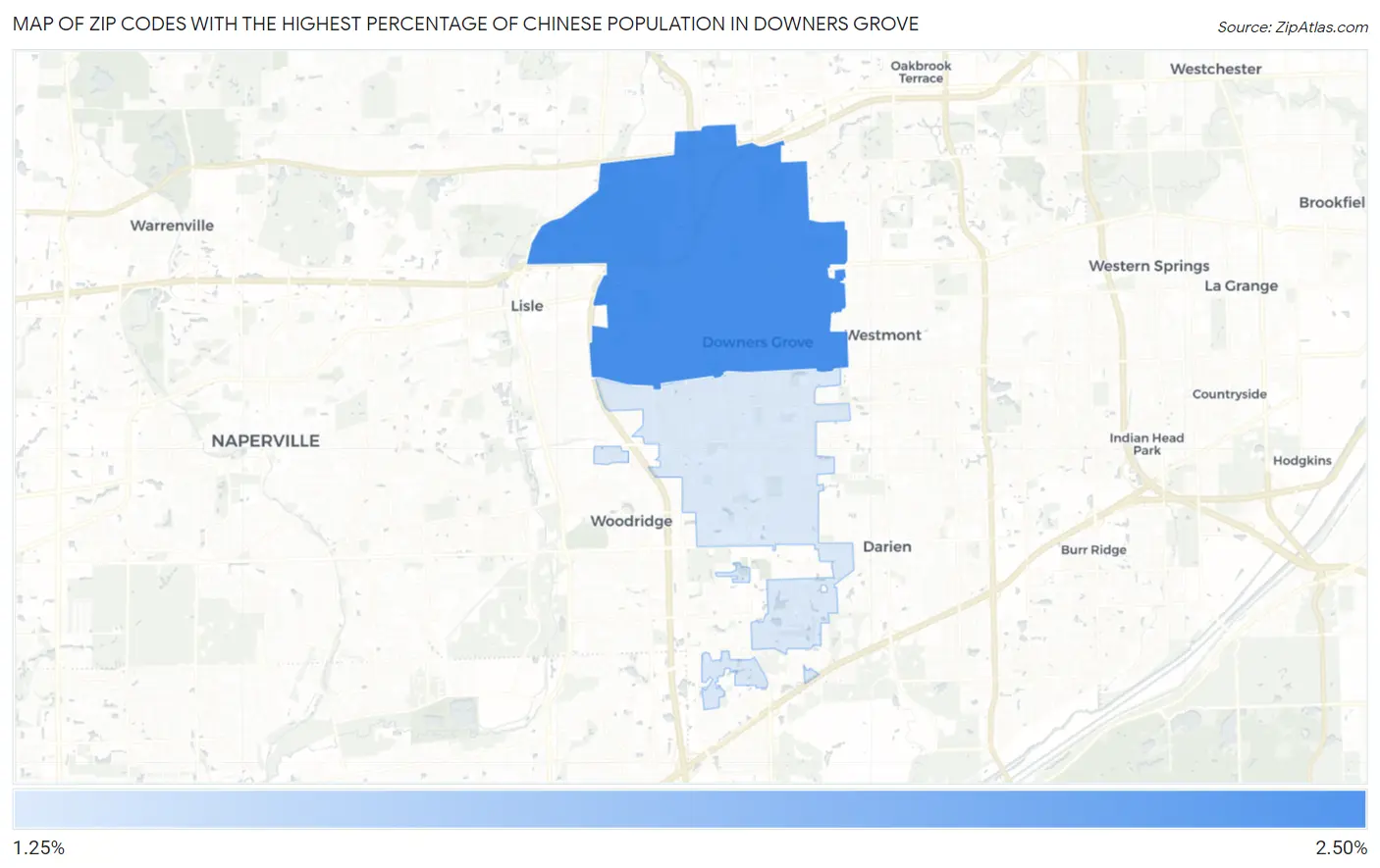 Zip Codes with the Highest Percentage of Chinese Population in Downers Grove Map