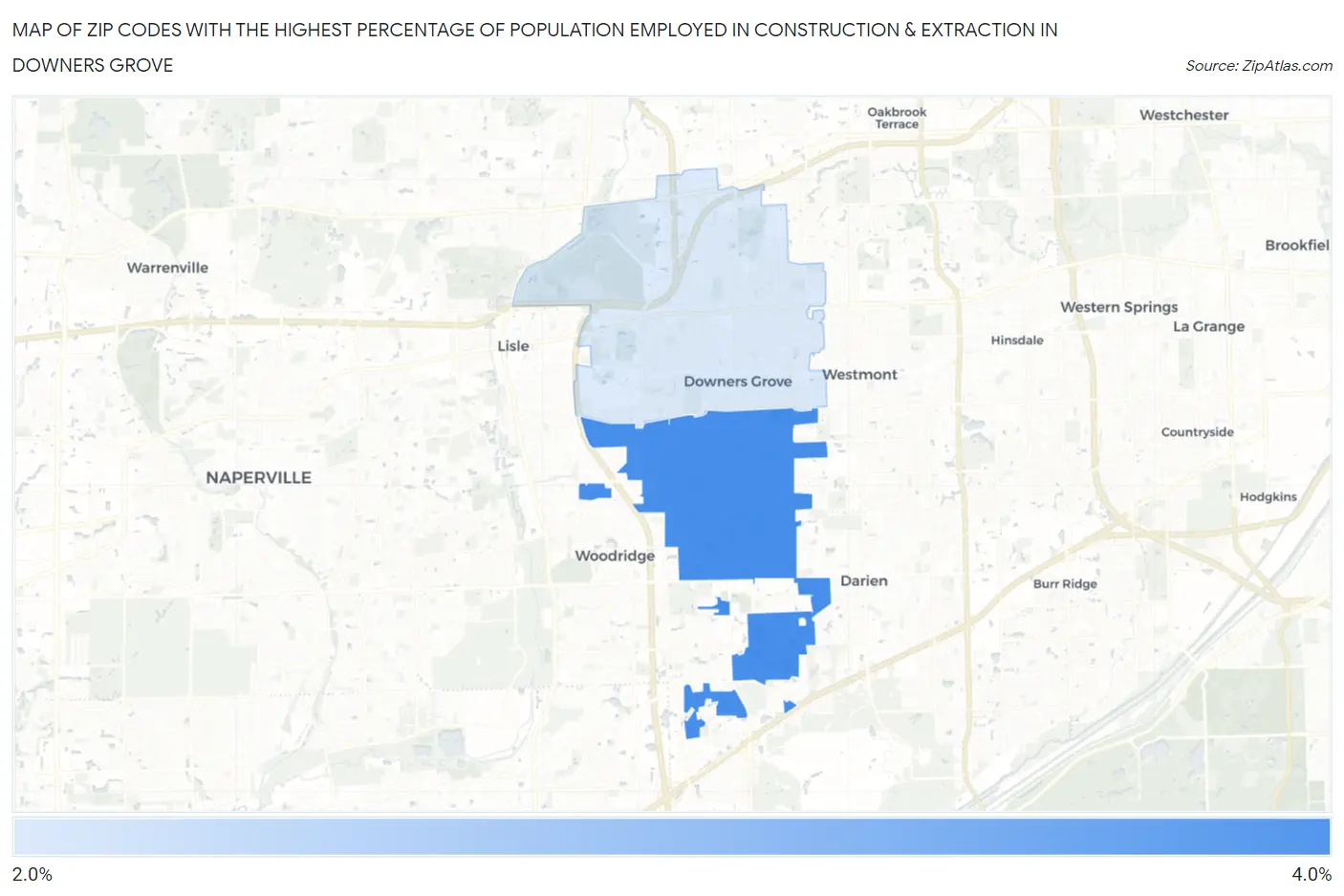 Zip Codes with the Highest Percentage of Population Employed in Construction & Extraction in Downers Grove Map