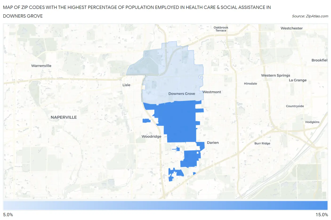 Zip Codes with the Highest Percentage of Population Employed in Health Care & Social Assistance in Downers Grove Map