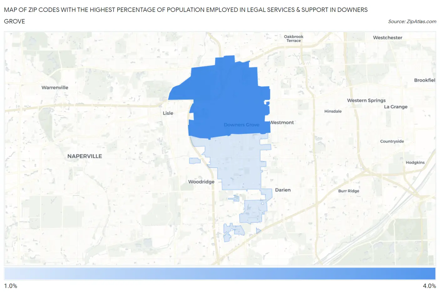 Zip Codes with the Highest Percentage of Population Employed in Legal Services & Support in Downers Grove Map