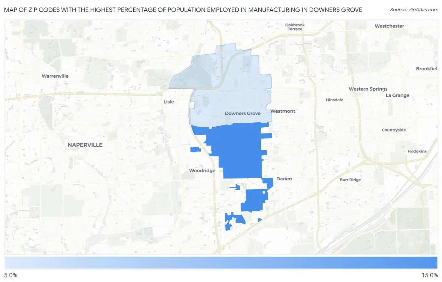 Zip Codes with the Highest Percentage of Population Employed in Manufacturing in Downers Grove Map