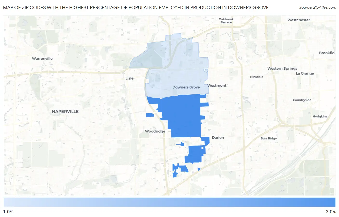Zip Codes with the Highest Percentage of Population Employed in Production in Downers Grove Map