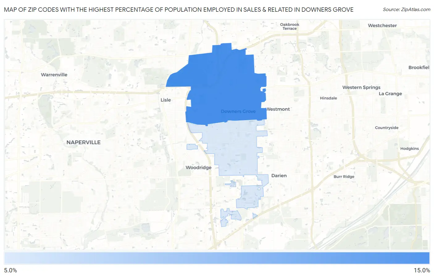 Zip Codes with the Highest Percentage of Population Employed in Sales & Related in Downers Grove Map
