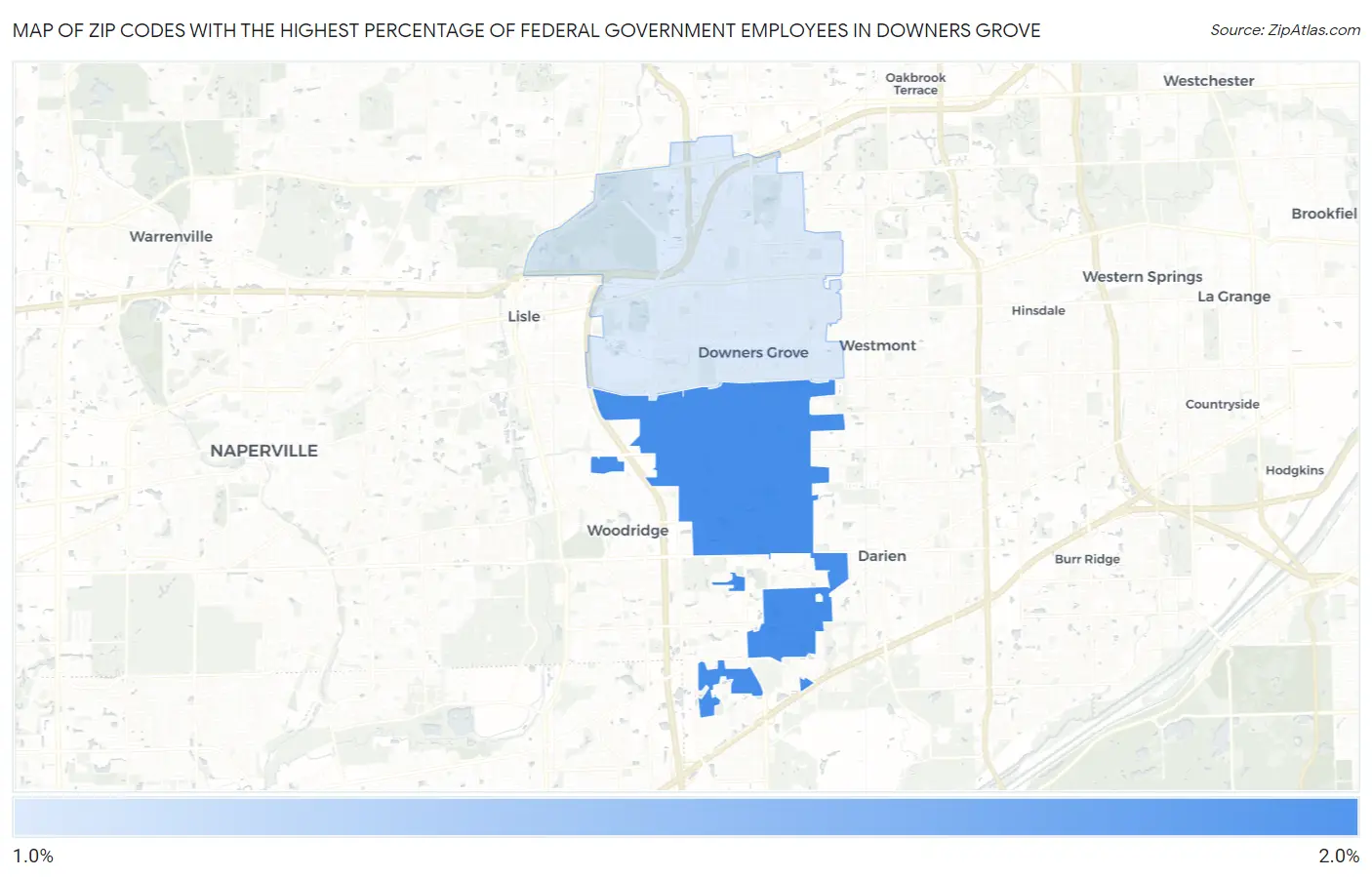 Zip Codes with the Highest Percentage of Federal Government Employees in Downers Grove Map