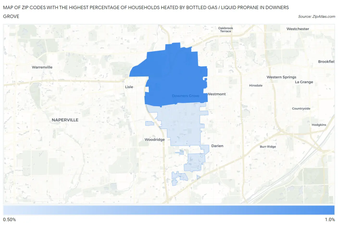 Zip Codes with the Highest Percentage of Households Heated by Bottled Gas / Liquid Propane in Downers Grove Map