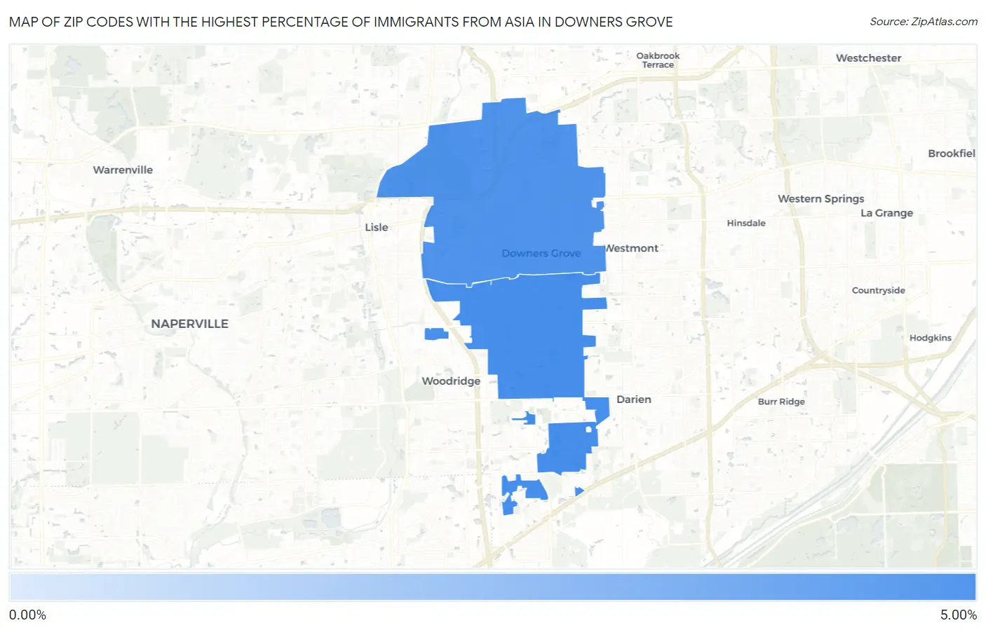 Zip Codes with the Highest Percentage of Immigrants from Asia in Downers Grove Map