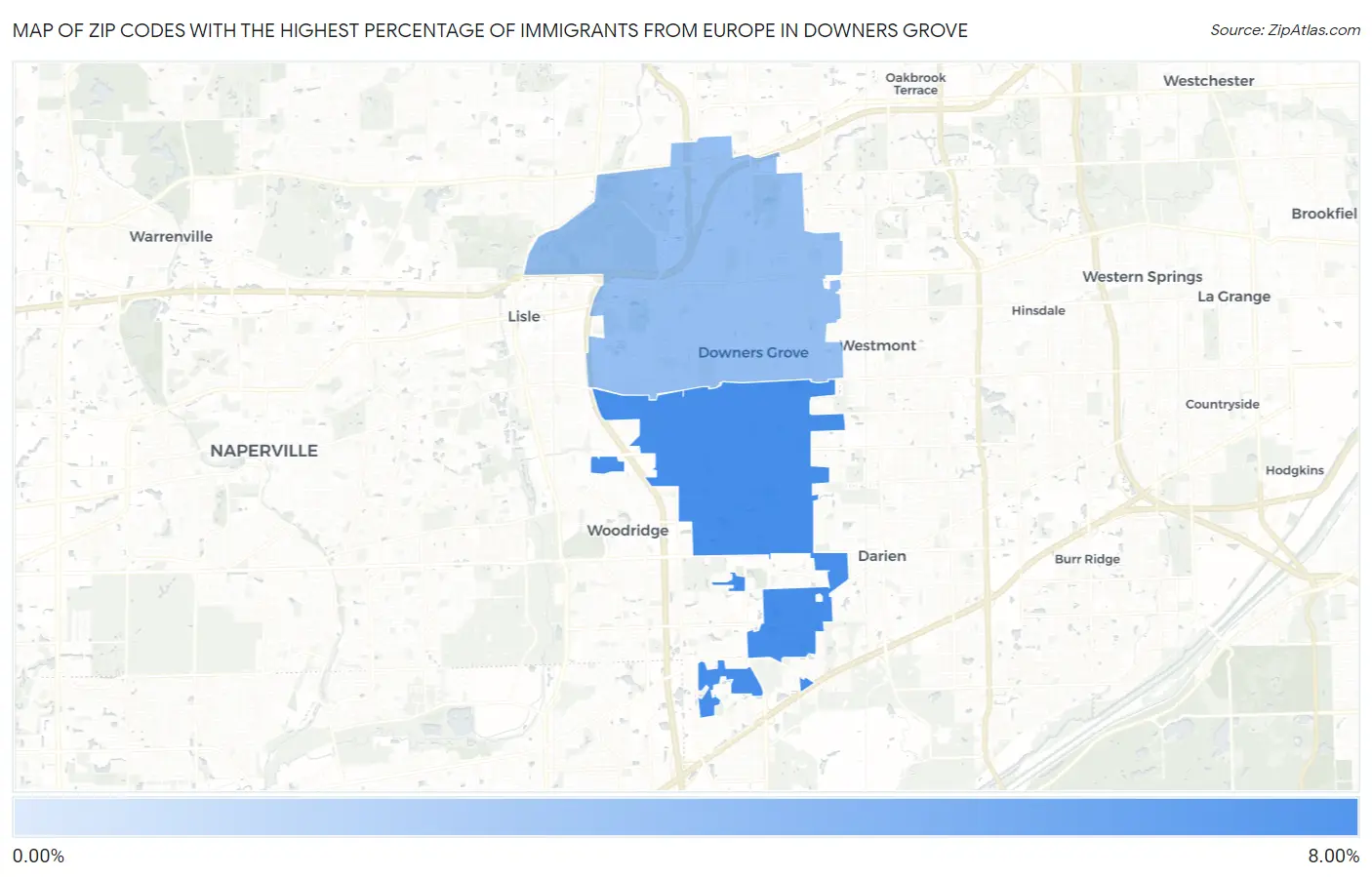 Zip Codes with the Highest Percentage of Immigrants from Europe in Downers Grove Map
