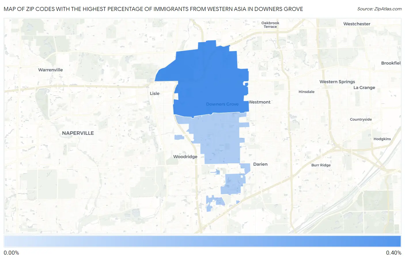 Zip Codes with the Highest Percentage of Immigrants from Western Asia in Downers Grove Map