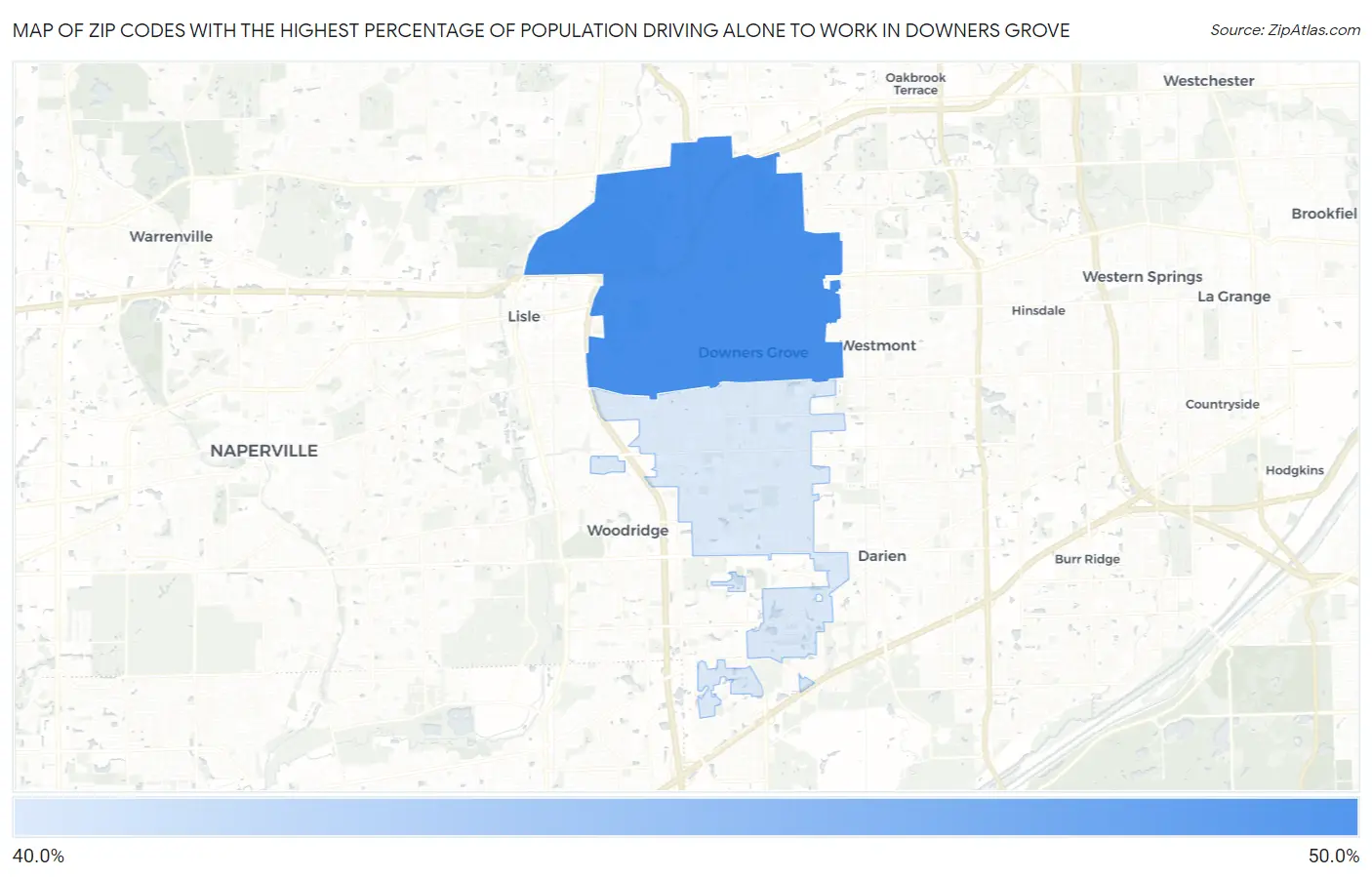 Zip Codes with the Highest Percentage of Population Driving Alone to Work in Downers Grove Map