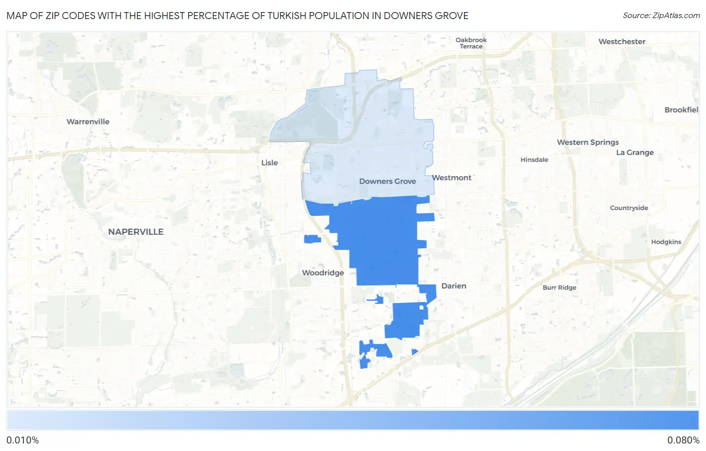 Zip Codes with the Highest Percentage of Turkish Population in Downers Grove Map
