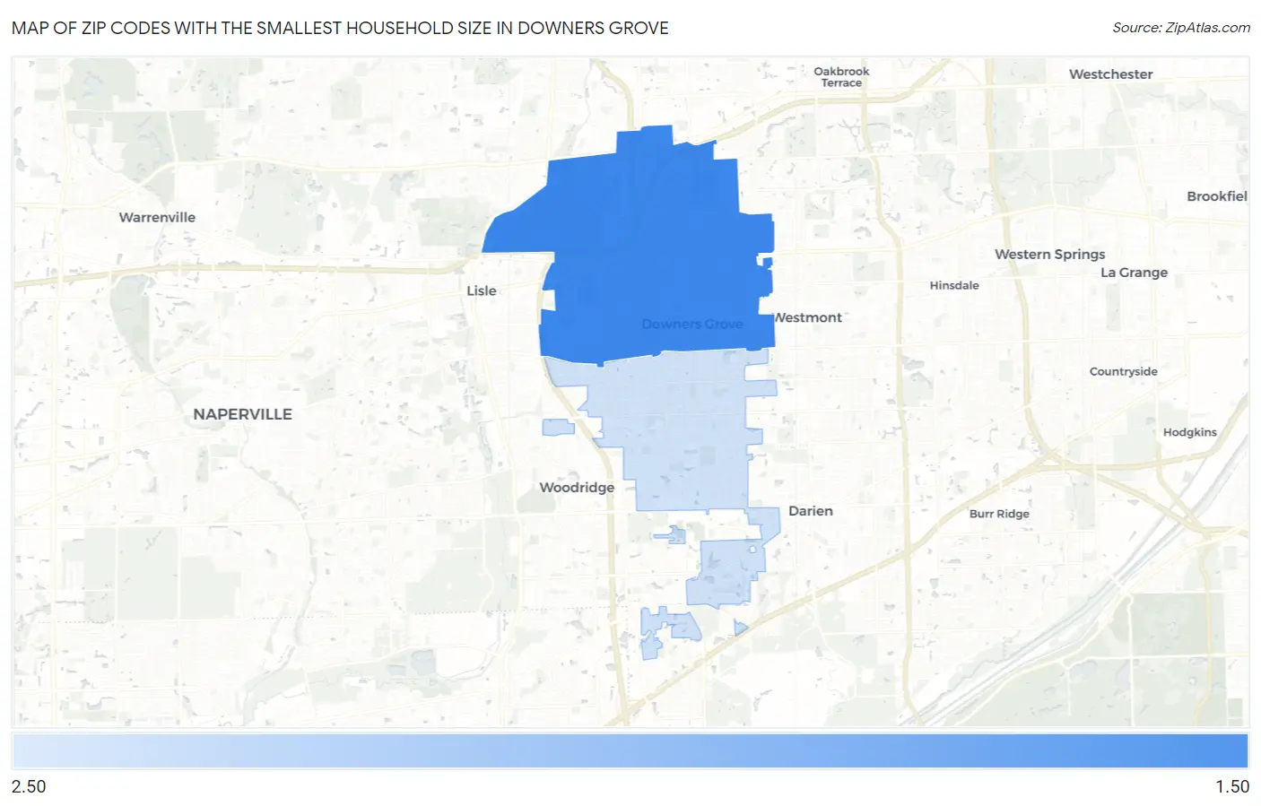 Zip Codes with the Smallest Household Size in Downers Grove Map