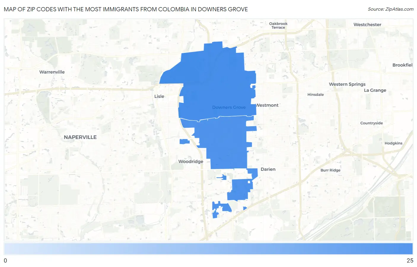 Zip Codes with the Most Immigrants from Colombia in Downers Grove Map
