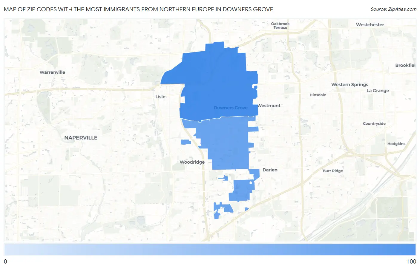 Zip Codes with the Most Immigrants from Northern Europe in Downers Grove Map