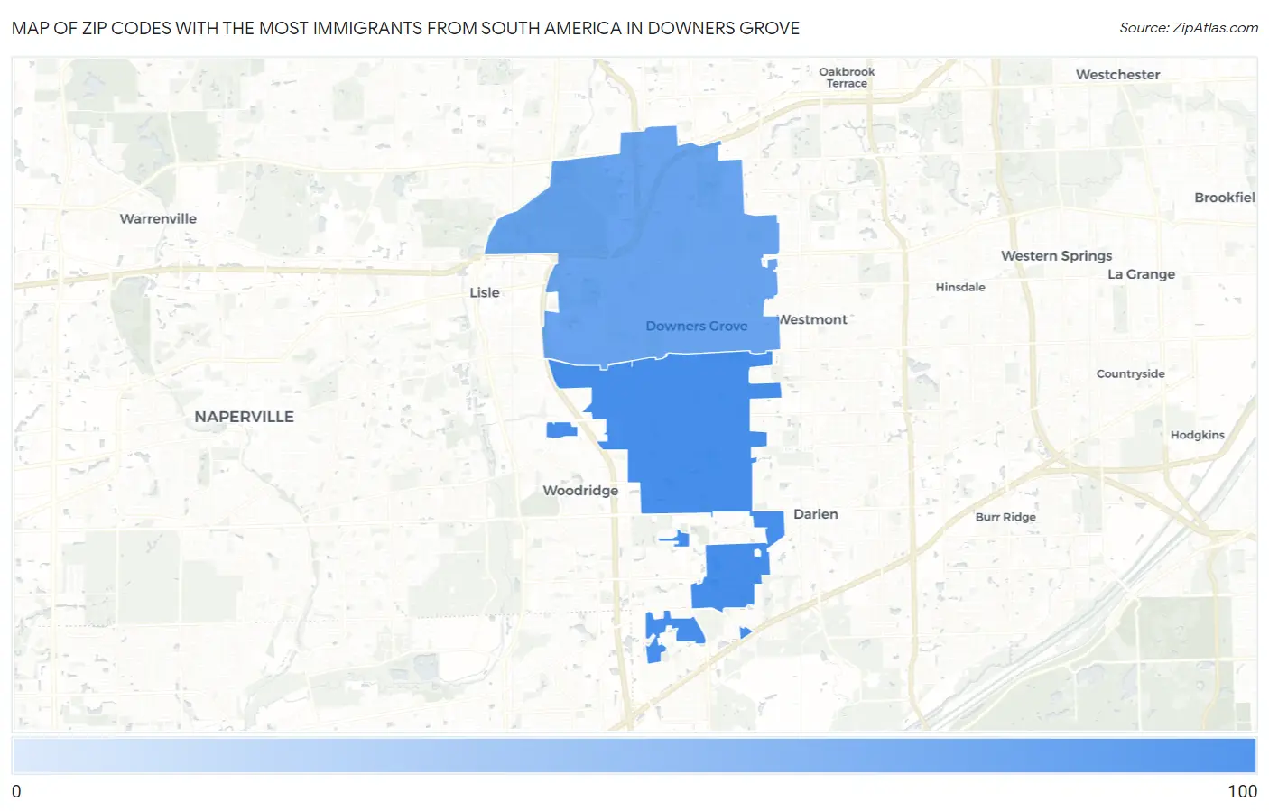 Zip Codes with the Most Immigrants from South America in Downers Grove Map