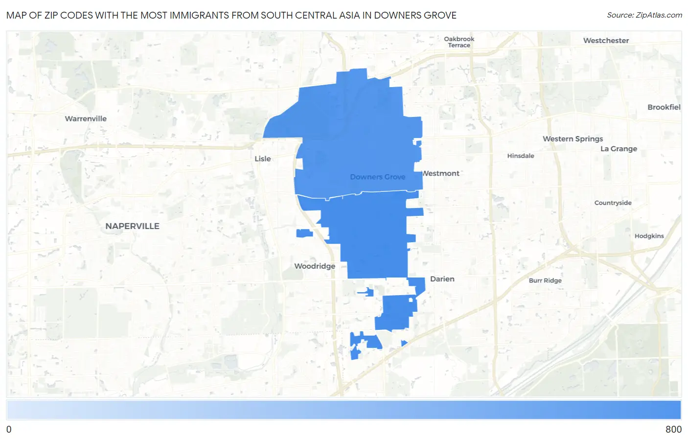 Zip Codes with the Most Immigrants from South Central Asia in Downers Grove Map