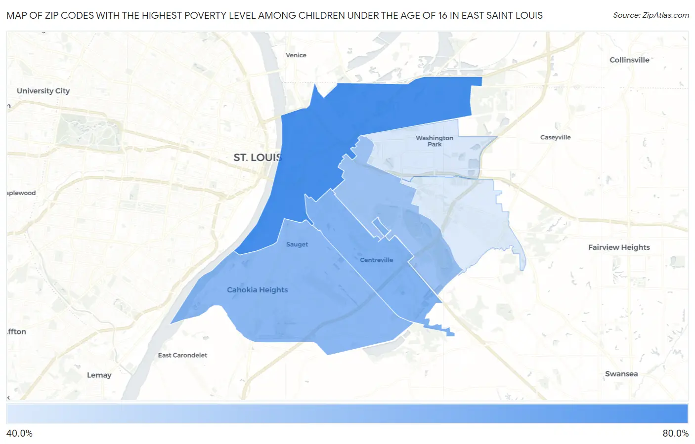 Zip Codes with the Highest Poverty Level Among Children Under the Age of 16 in East Saint Louis Map