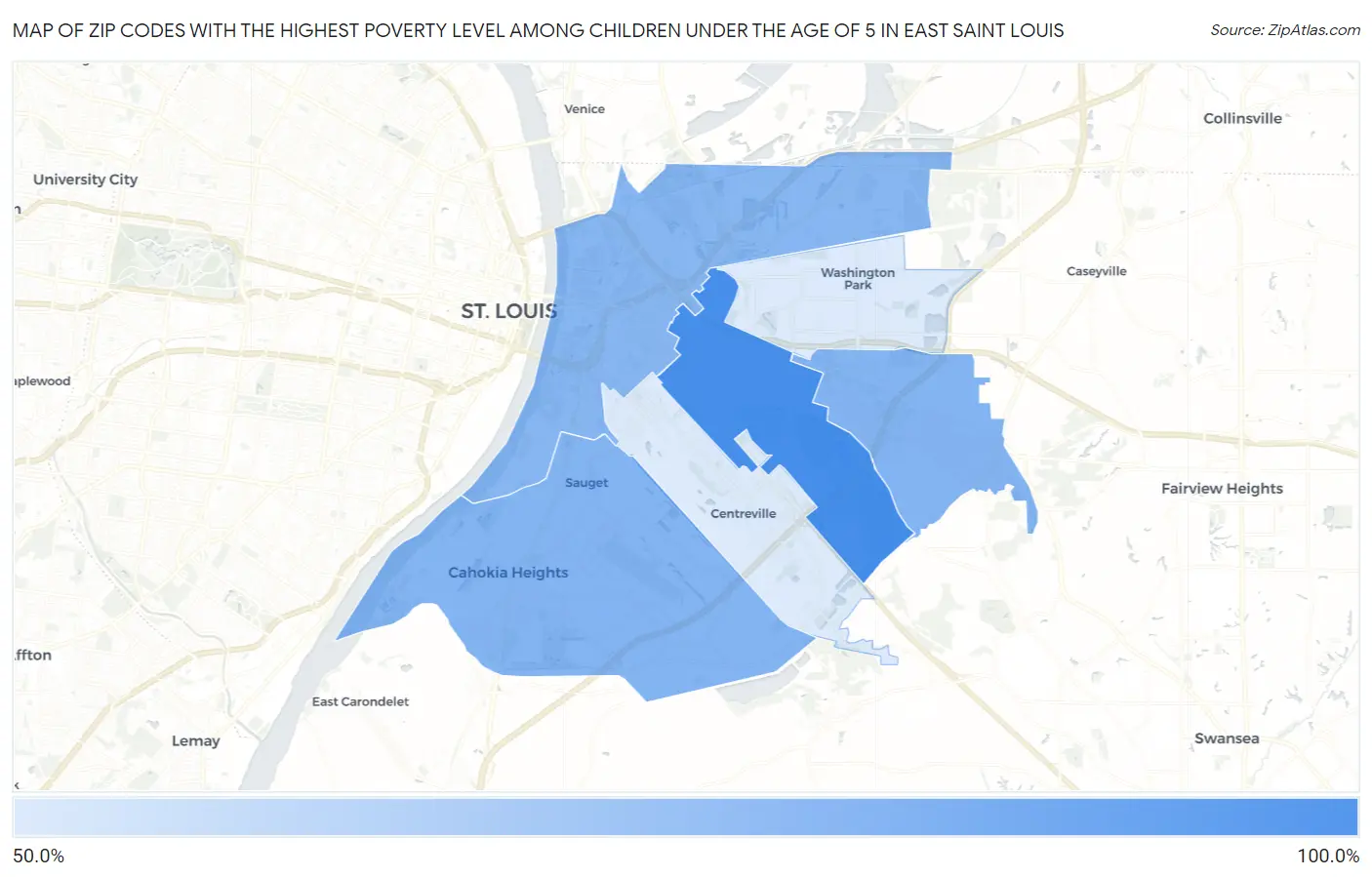 Zip Codes with the Highest Poverty Level Among Children Under the Age of 5 in East Saint Louis Map