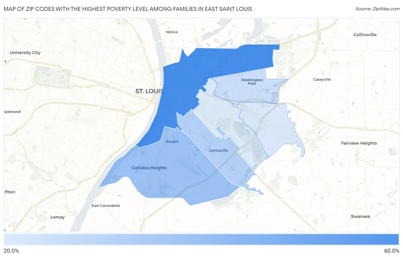 Zip Codes with the Highest Poverty Level Among Families in East Saint Louis Map