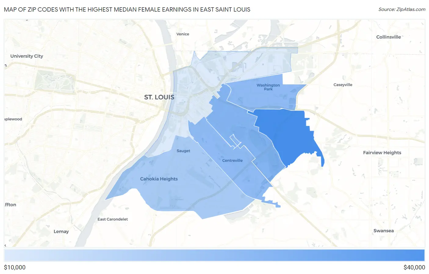Zip Codes with the Highest Median Female Earnings in East Saint Louis Map