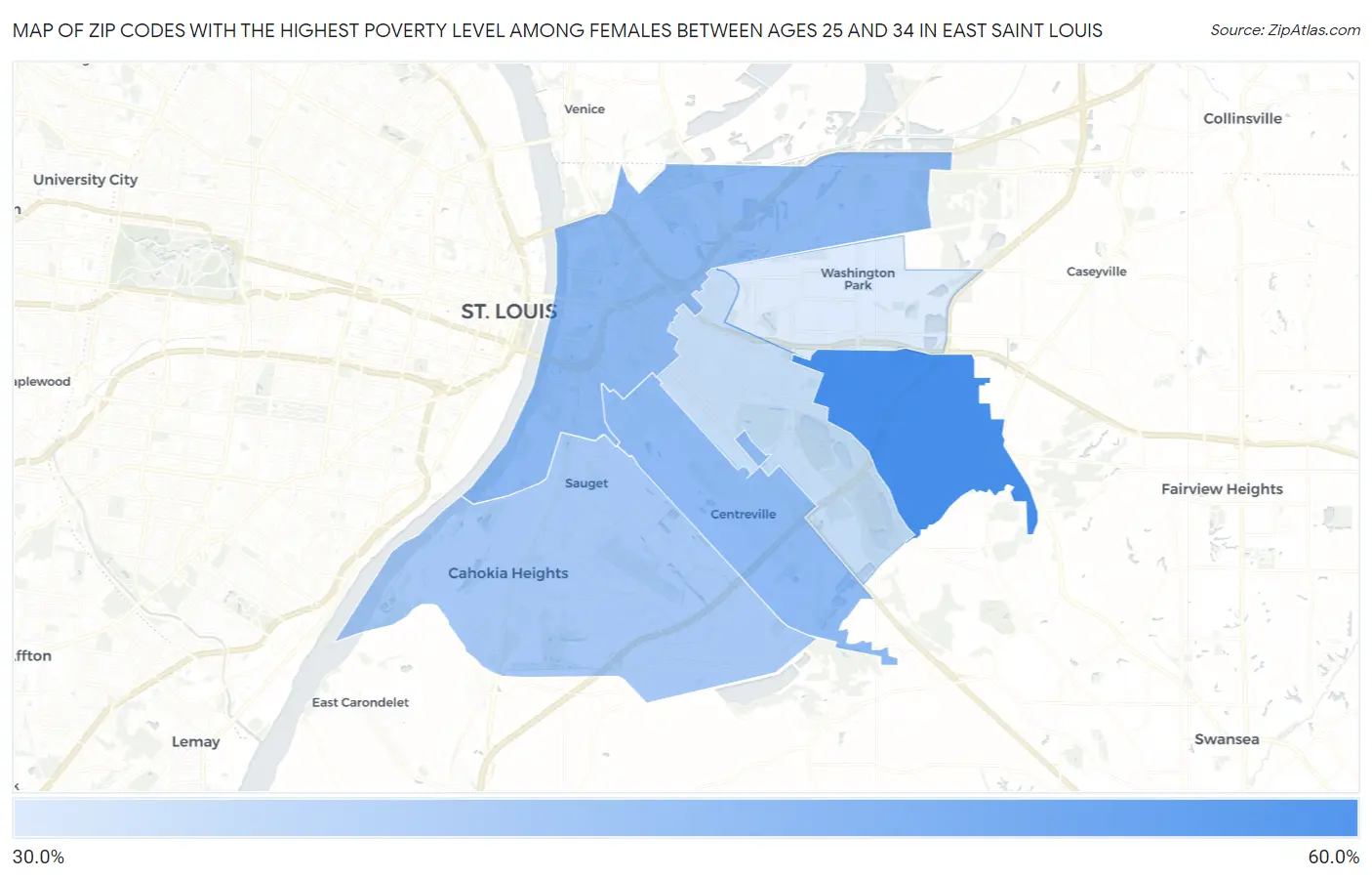 Zip Codes with the Highest Poverty Level Among Females Between Ages 25 and 34 in East Saint Louis Map
